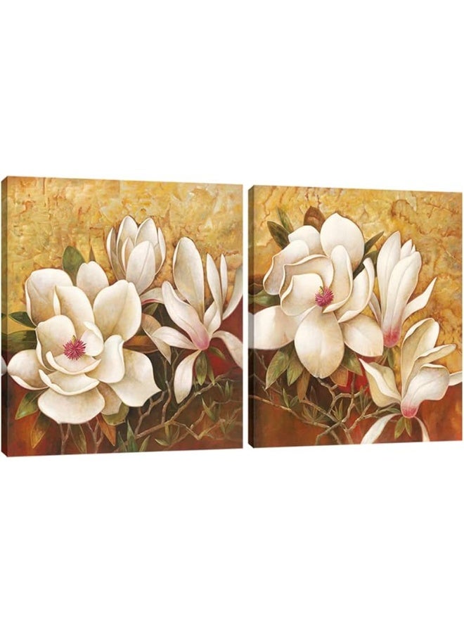 Pyradecor Magnolia Flowers Modern 2 Piece Stretched Floral Canvas Prints Oil Paintings Artwork Style Brown Pictures on Canvas Wall art for Living Room Bedroom Home Decorations - Image 1
