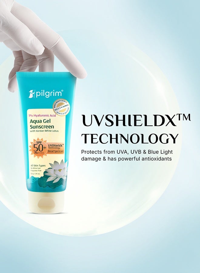 PILGRIM 1% Hyaluronic Acid Sunscreen Gel | Sunscreen SPF 50 +++ for men and women with Korean White Lotus | Broad spectrum, Non-greasy, No white cast & Prevents Tanning | All skin types | 50 gm - Image 1