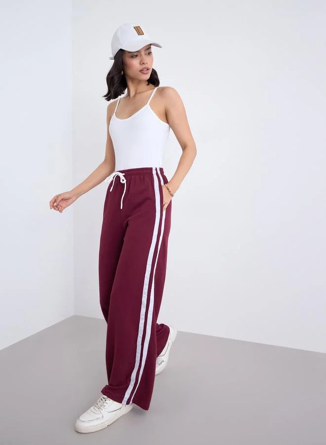 Styli Styli Burgundy Side Seam Taping Detail Wide Leg Joggers