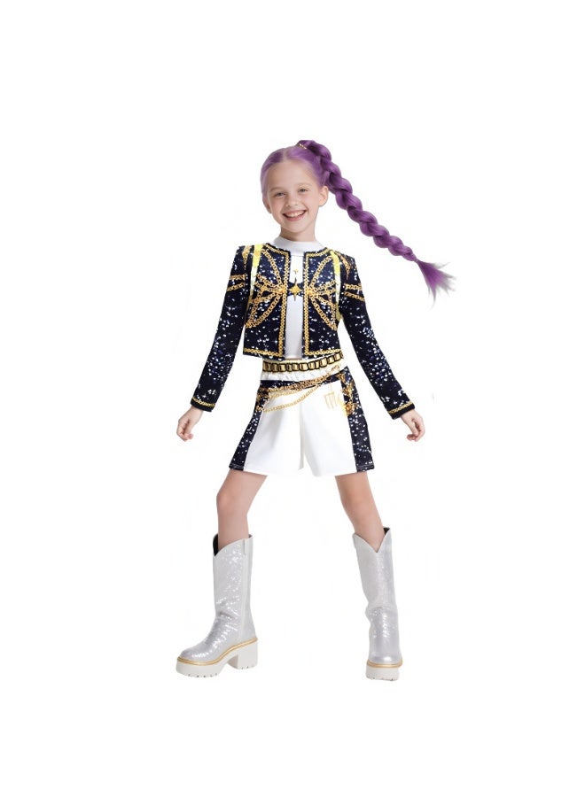 Loquat 3 PCS K-POP Demon Hunting Girl Group Lumi Cosplay Costume Set Black/Gold - Image 1