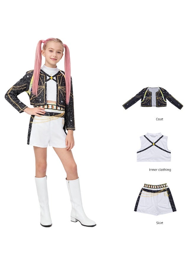 Loquat 3 PCS K-POP Demon Hunting Girl Group Lumi Cosplay Costume Set Black/Gold - Image 2