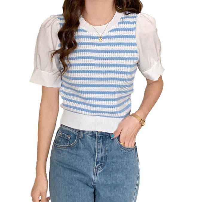 ICW Women's Stretchable Knitted Puff Sleeve Stripe Crop Top T-Shirt (One Size 28-34 Inch Bust) 698 (in, Alpha, M, Regular, Blue) - Image 5