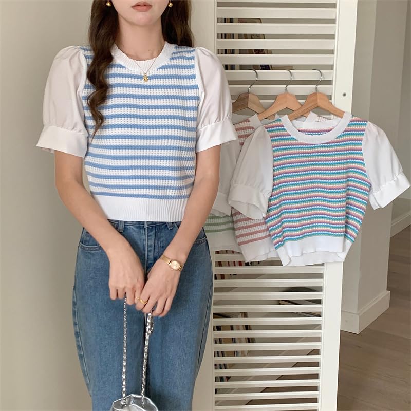 ICW Women's Stretchable Knitted Puff Sleeve Stripe Crop Top T-Shirt (One Size 28-34 Inch Bust) 698 (in, Alpha, M, Regular, Blue) - Image 2