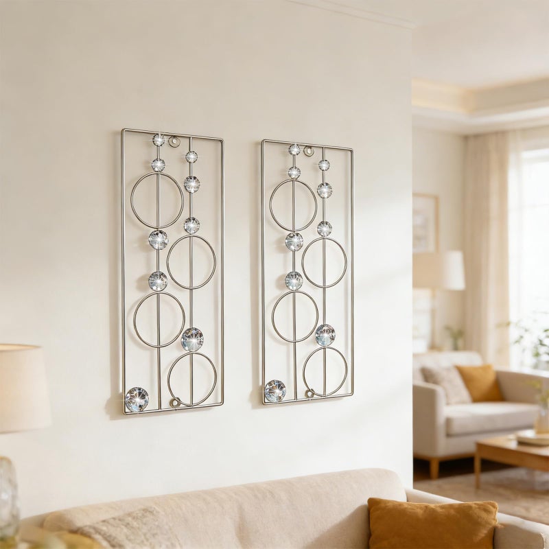 ZEXUIRU 2 Pack Bling Abstract Metal Wall Art Minimalist Line Jeweled Crystal Wall Decor Modern Geometric Rhinestone Hanging Wall Sculpture for Living Room Bedroom Bathroom Office - Image 4