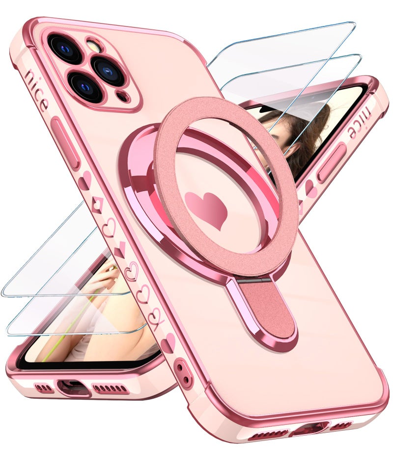 Liufcx for iPhone 11 Pro Max Love Heart Kickstand Case with Screen Protector: Luxury Plated Gold Edge Slim Soft TPU Full Camera Shockproof Protection Case Cover for iPhone 11 Pro Max 6.5" (Pink) - Image 1