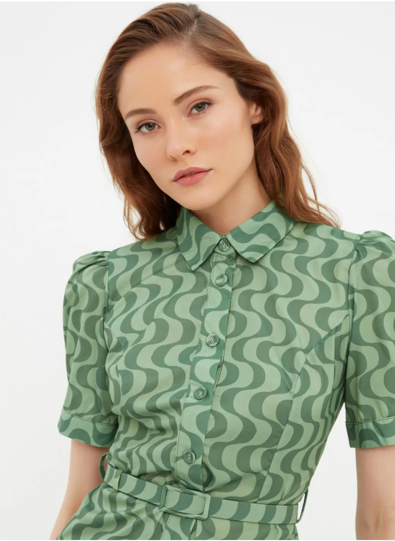 trendyol Printed Puff Sleeve Button Detail Dress