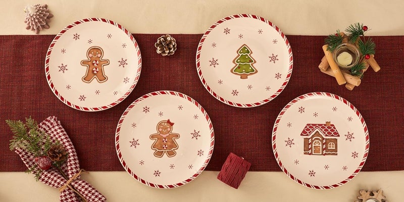 Bico أطباق سلطة عيد الميلاد التقليدية من بيكو على شكل رجل خبز الزنجبيل سيراميك 875 بوصة مجموعة من 4 لأطباق السلطة والمقبلات والتاباس آمنة للاستخدام في الميكروويف وغسالة الصحون ومقاومة للخدش - Image 3