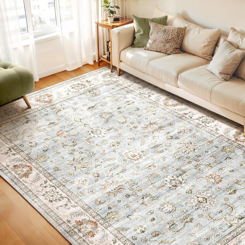 WITSHOCK 8x10 Area Rugs for Living Room: Machine Washable Non Slip Vintage Carpet - Low Pile Lightweight Print Rug for Bedroom Dining Room Kitchen Table - Stain Resistant for Household (Light Blue) - Image 1