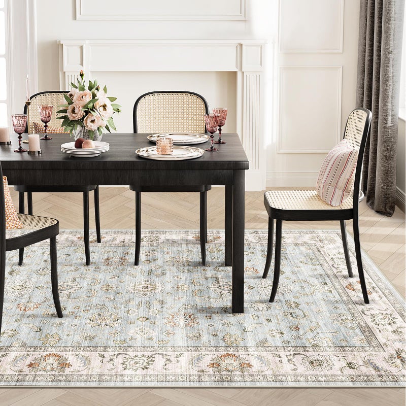 WITSHOCK 8x10 Area Rugs for Living Room: Machine Washable Non Slip Vintage Carpet - Low Pile Lightweight Print Rug for Bedroom Dining Room Kitchen Table - Stain Resistant for Household (Light Blue) - Image 4