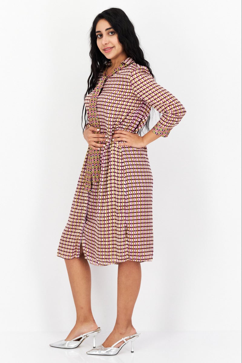 VERO MODA فستان ميدي مطبوع بالكامل للنساء، مزيج بني - Image 2