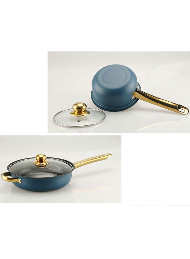 Sharpdo 12-Piece Pot Set 410 Stainless Steel Pot Set Soup Pot Frying Pan Milk Pot Cooking Pot Double-Ear Milk Pot 16/Soup Pot 18/20/22/24/Frying Pan 24CM(Blue) - Image 5