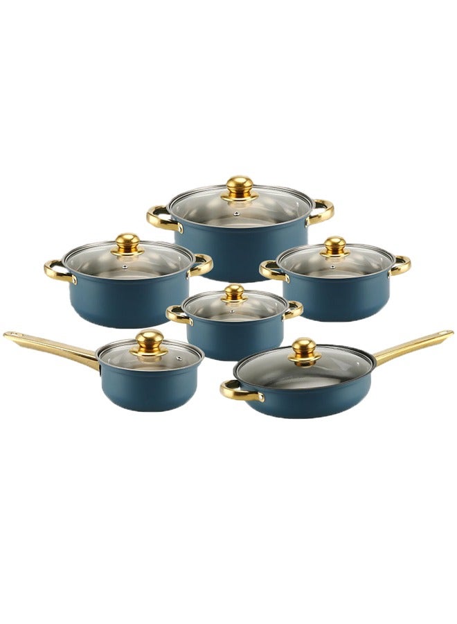 Sharpdo 12-Piece Pot Set 410 Stainless Steel Pot Set Soup Pot Frying Pan Milk Pot Cooking Pot Double-Ear Milk Pot 16/Soup Pot 18/20/22/24/Frying Pan 24CM(Blue) - Image 1