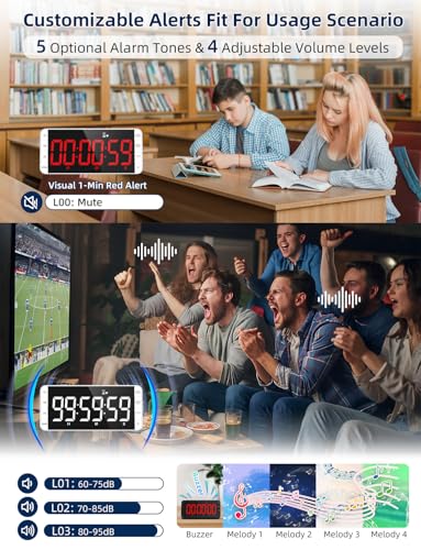 MeesMeek 7.8" Digital Kitchen Timer with Large LED Display, Magnetic Rechargeable Countdown Timer, 5 Alarms & 4 Volume Levels, 99H Count Up/Down Timer for Cooking, Classroom & Study - Image 4