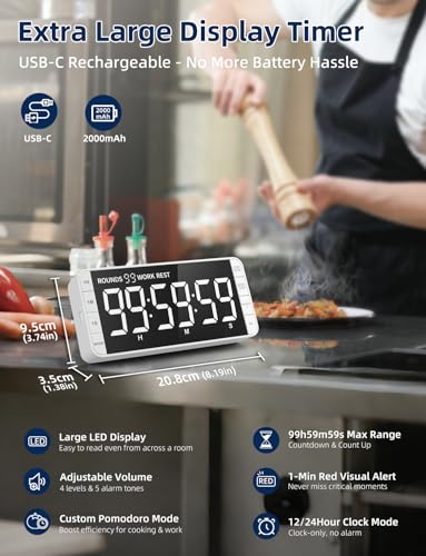 MeesMeek 7.8" Digital Kitchen Timer with Large LED Display, Magnetic Rechargeable Countdown Timer, 5 Alarms & 4 Volume Levels, 99H Count Up/Down Timer for Cooking, Classroom & Study - Image 2