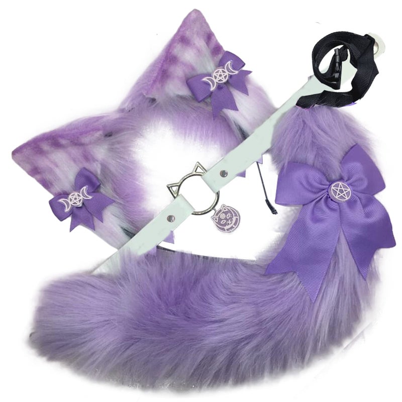 VIGVAN Animal Cosplay Wolf Ears and Tail Fox Cat Ears Tail Raccoon Cosplay Tail (ETC Purple) - Image 4