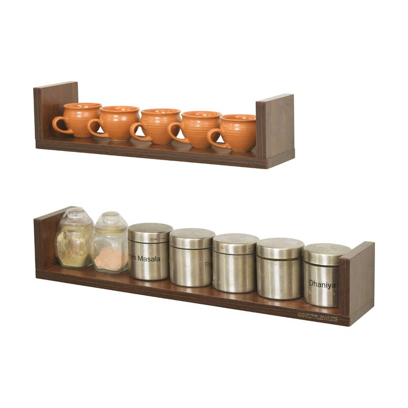RIPPLEWUDS August Wooden Wall Shelves for Kitchen Pack of 2 Wall Mounted Wall Shelf for Home Decoration Wallnut