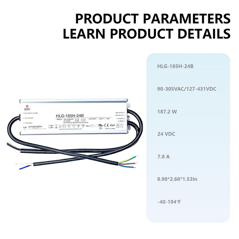 GFZ HLG 185H 24B 24V 187W IP67 سائق LED مقاوم للماء تيار ثابت للإضاءة الداخلية والخارجية - Image 4