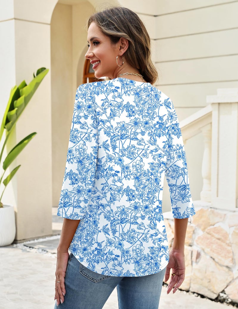 LUYAA Button Down Shirts for Women 3/4 Length Sleeve Womens Tops Button Up Shirt Work Blouse Floral Top Spring Outfits for Women 2026 White Blue Floral S - Image 2
