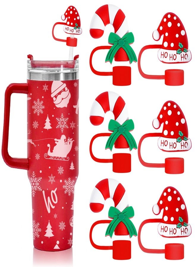 Whaline 6 Pcs Christmas Straw Covers Caps Xmas Red Candy Cane Santa Hat Portable Drinking Straw Tips Reusable Straws Protector Topper for 0.4 Inch Straws Cup Accessories Party Decor - Image 1