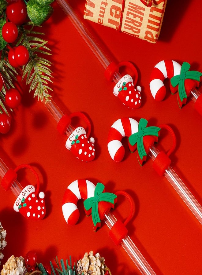 Whaline 6 Pcs Christmas Straw Covers Caps Xmas Red Candy Cane Santa Hat Portable Drinking Straw Tips Reusable Straws Protector Topper for 0.4 Inch Straws Cup Accessories Party Decor - Image 5