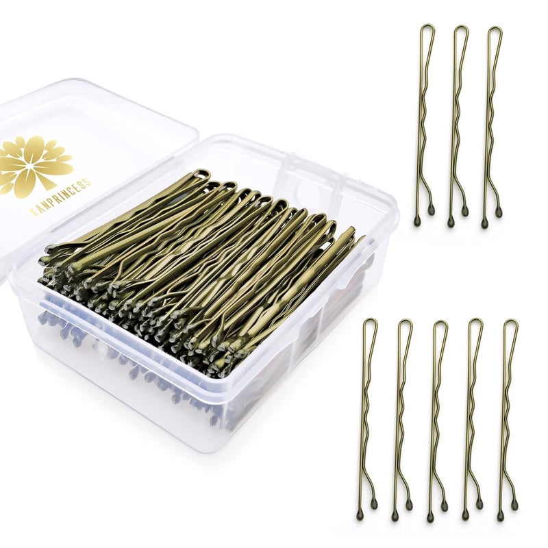 KANPRINCESS 100PCS 2Inches Hair Pins Kit Hair Clips Secure Hold Bobby Pins Hair Clips for Women Girls and Hairdressing Salon With Clear Storage BoxBronze