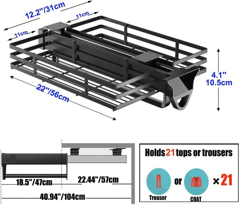 FKKPRVAX Pull Out Closet Rod with Basket, Closet Clothes Hanger Rail,Wardrobe Clothing Rail Pull Out Basket,Closet Organizer Rack for Pants and Coat,Load 77LBS (22 IN/56CM with Basket) - Image 2