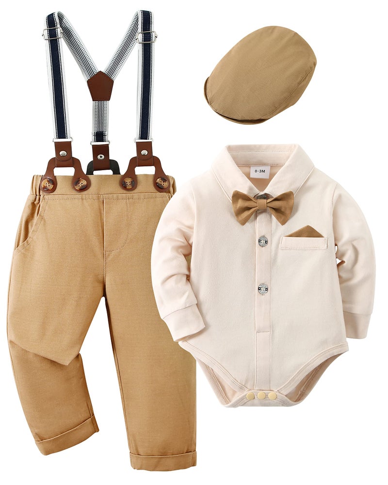 nilikastta Baby Boy Dress Clothes Baby Formal Outfit Baby Boy Wedding Outfit Boy Dress ShirtBowtieSuspender Pants Set 36Months Beige