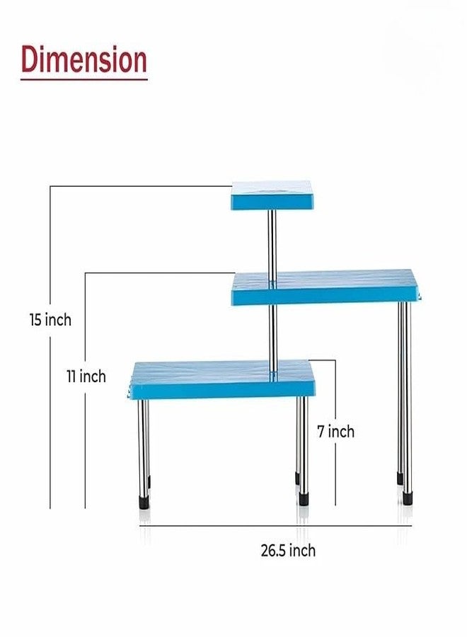 Specmart رف زاوية مطبخ سبيك مارت ثلاثي الطبقات | منظم سطح عمل قابل للتوسيع وموفر للمساحة | أرجل قابلة للتعديل من الفولاذ المقاوم للصدأ | حامل تخزين برطمانات التوابل وأدوات المطبخ (أزرق) - Image 3
