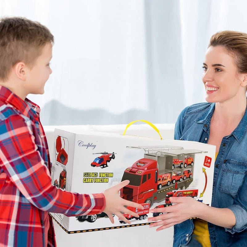 Coolplay Fire Truck Toy Set Mini Die-cast Car Set Rescue Emergency Vehicles Fire Engine Vehicle 10 in 1 Big Carrier Truck for Kids Boys and Girls - Image 5