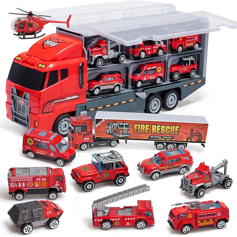 Coolplay Fire Truck Toy Set Mini Die-cast Car Set Rescue Emergency Vehicles Fire Engine Vehicle 10 in 1 Big Carrier Truck for Kids Boys and Girls - Image 1