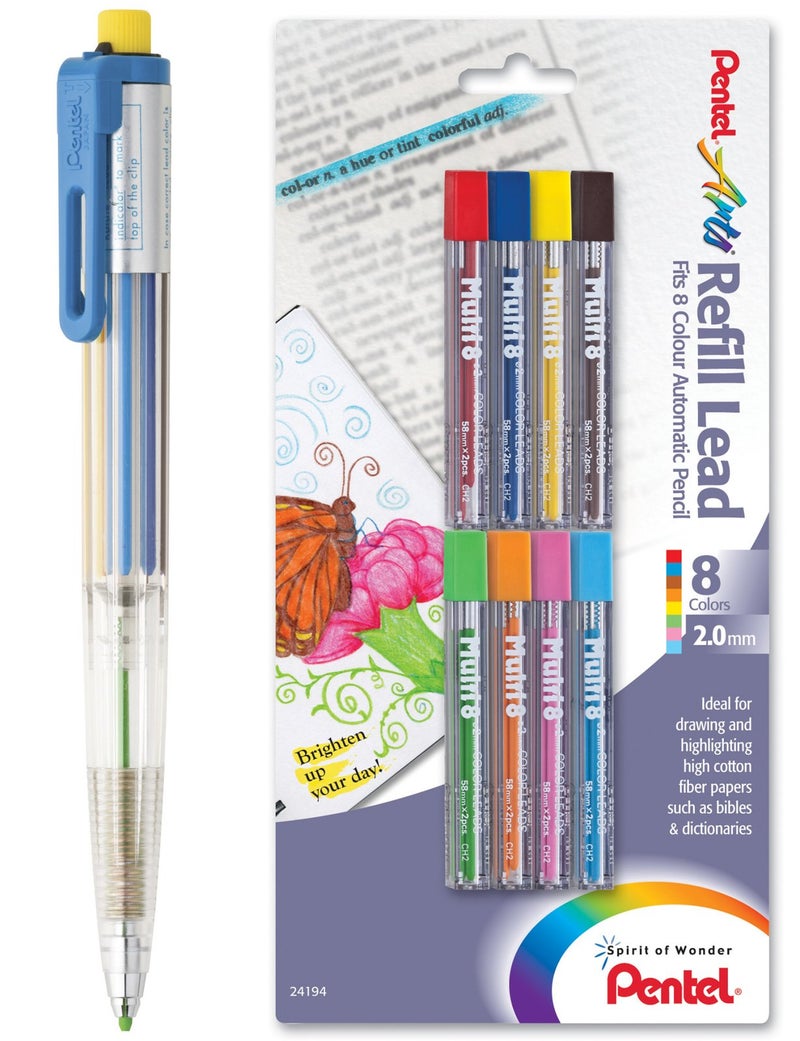 Bible Highlighter Kit: Pentel 8 Color 2 mm Pencil #PH158 with 8 Tubes Lead