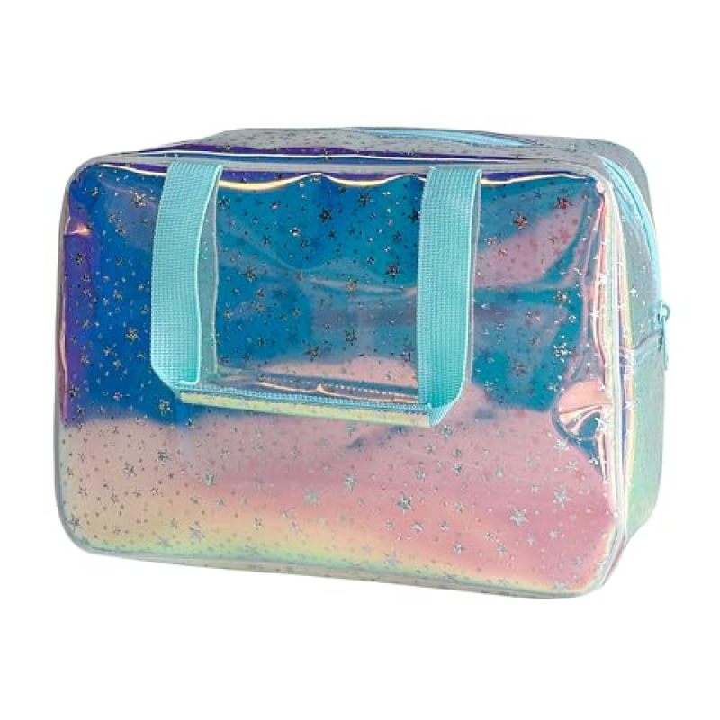 Large Capacity Makeup Bag 11.81 X 8.27 Inches Waterproof TPU Transparent Cosmetic Case - Holographic Star Pattern Toiletry Organizer for Travel - Image 1