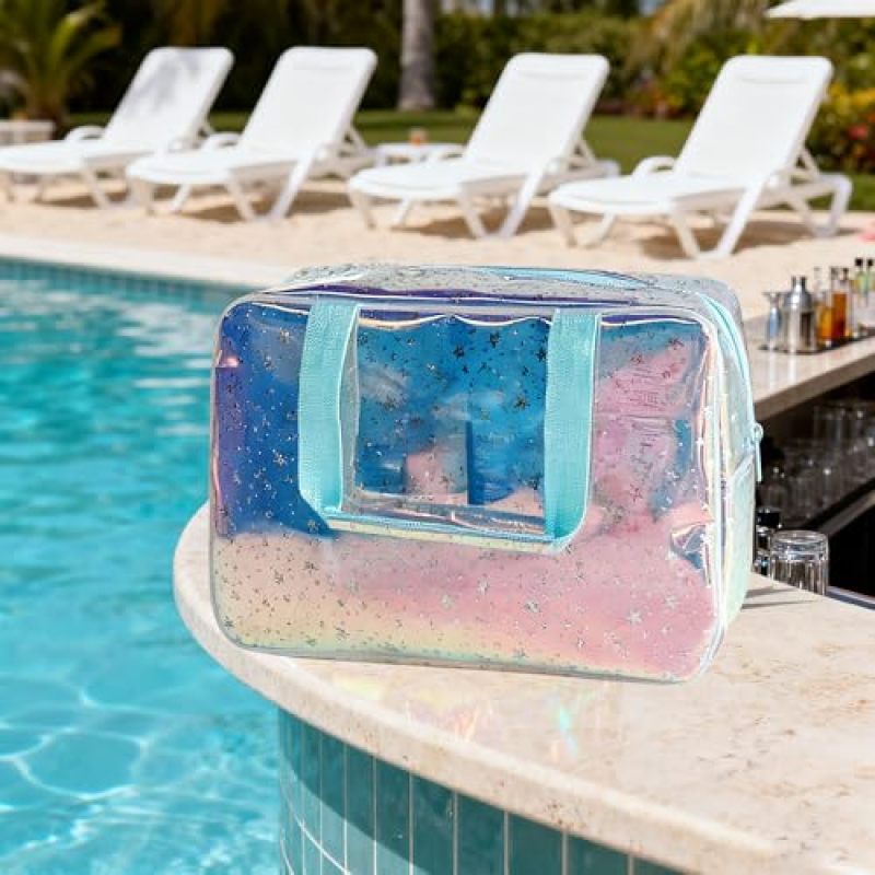 Large Capacity Makeup Bag 11.81 X 8.27 Inches Waterproof TPU Transparent Cosmetic Case - Holographic Star Pattern Toiletry Organizer for Travel - Image 4