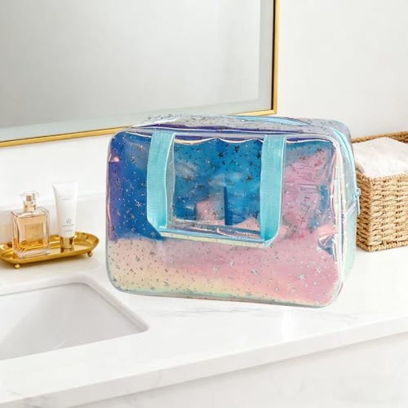 Large Capacity Makeup Bag 11.81 X 8.27 Inches Waterproof TPU Transparent Cosmetic Case - Holographic Star Pattern Toiletry Organizer for Travel - Image 5