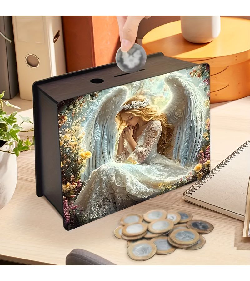 Handcrafted Wooden Angel Coin Bank with Candlelight Nest Design - Image 1