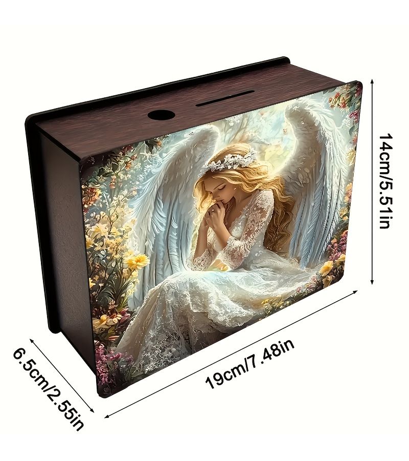 Handcrafted Wooden Angel Coin Bank with Candlelight Nest Design - Image 3