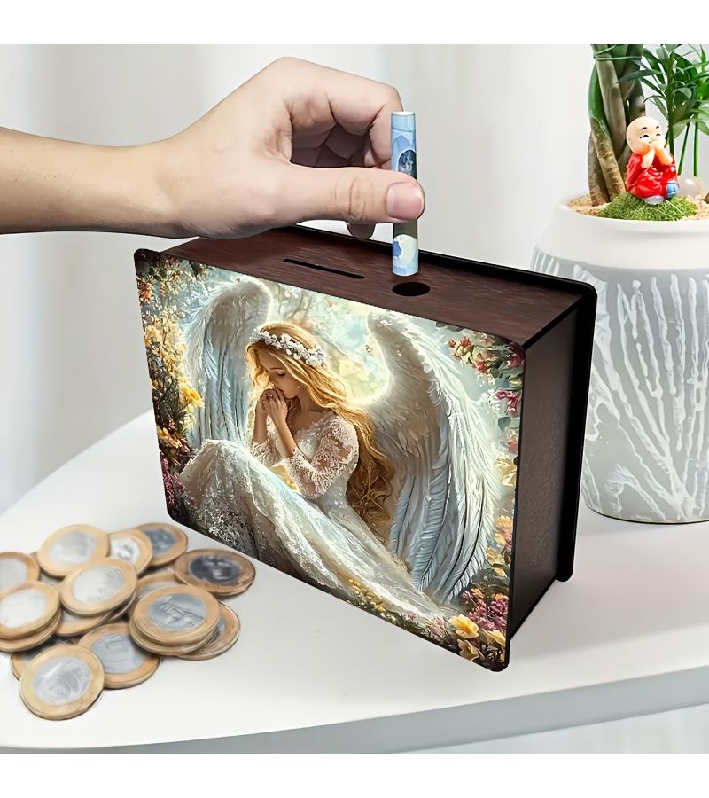 Handcrafted Wooden Angel Coin Bank with Candlelight Nest Design - Image 2