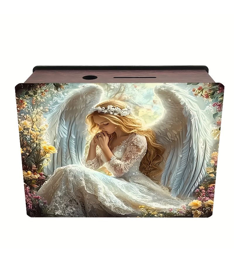 Handcrafted Wooden Angel Coin Bank with Candlelight Nest Design - Image 4