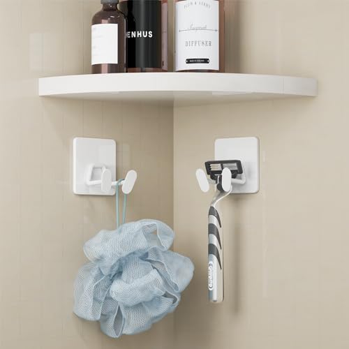 susswiff Adhesive Shower Hooks for Inside - Extra Sticky Stainless, Razor Holder Shower Accessories, Wall Mounted Self-Adhesive Double Hooks for Razor, Loofah, Towel, Shaver, Coat, Key, White, 4 Pack - Image 2