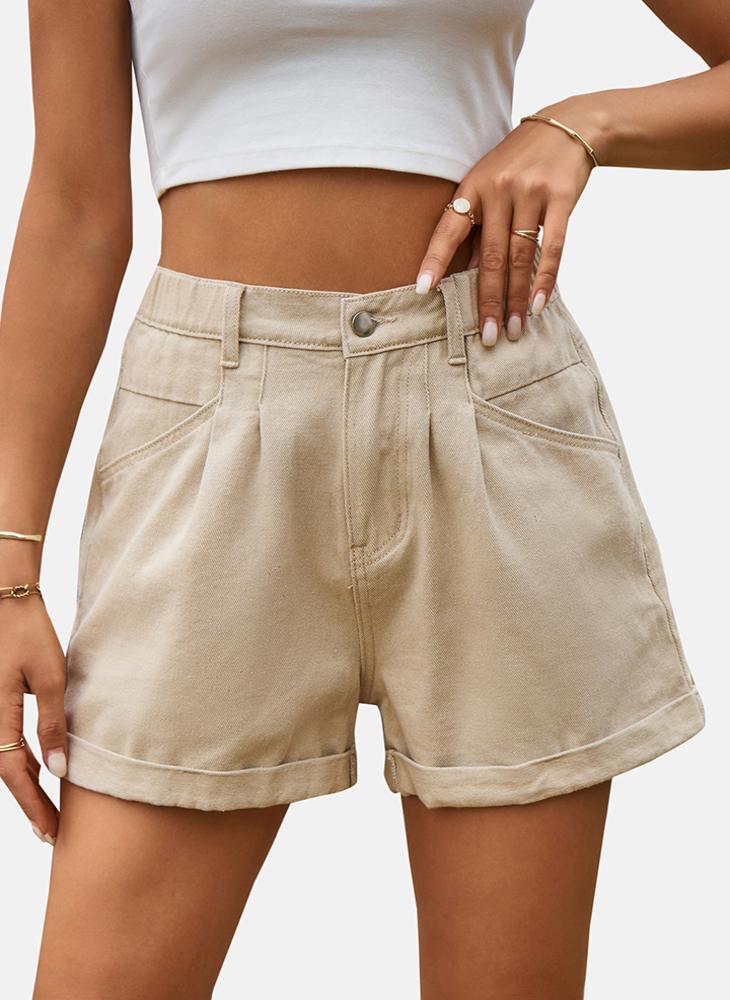 YUNIQEE Beige Mid Rise Plain Slim Fit Shorts - Image 2