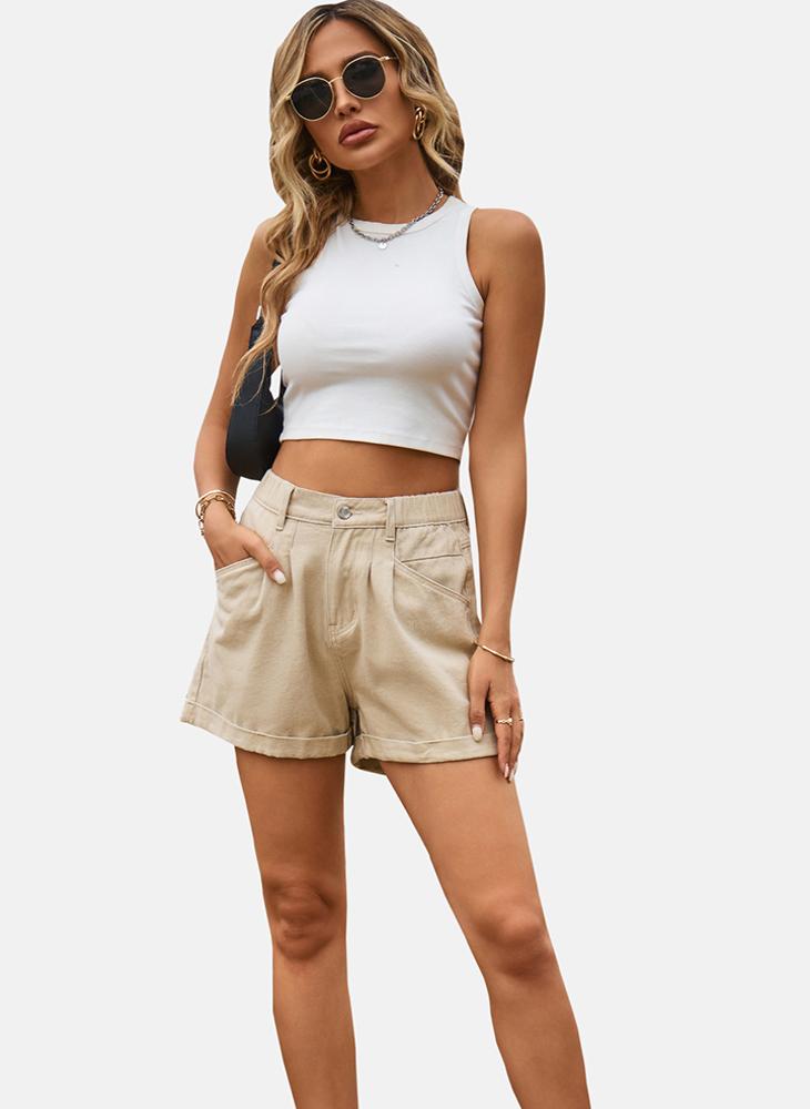 YUNIQEE Beige Mid Rise Plain Slim Fit Shorts - Image 3
