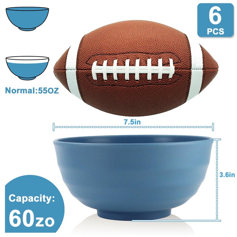 BUSOKIP Large Soup Bowl 60 OZ, Wheat Straw Bowl Set of 6, Large Plastic Bowls Rusable, Microwave Safe Big Bowl for Fruit, Salad, Popcorn, Serving Bowls for Kitchen, Picnic, RV - Bule - Image 2