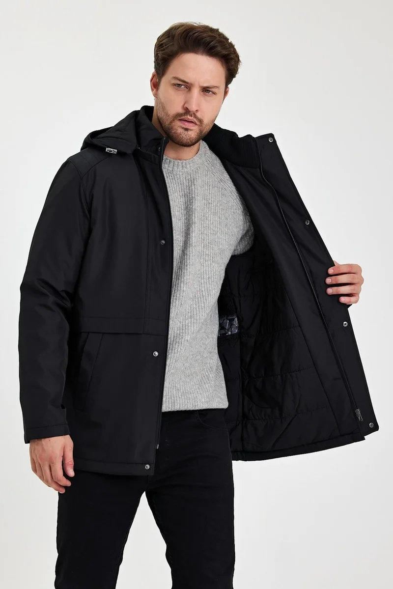 سيفيست Black Thick Fur Lined Detachable Hooded Windproof and Waterproof Jacket&Coat
