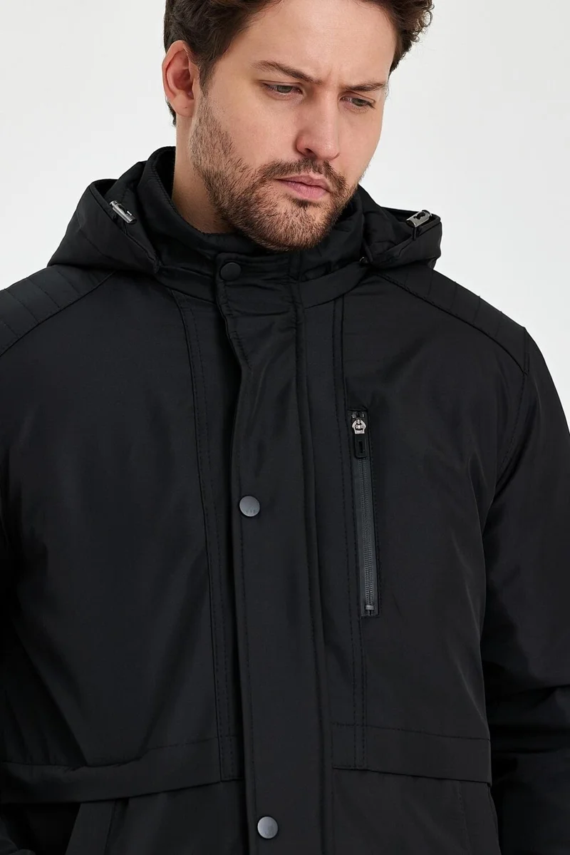سيفيست Black Thick Fur Lined Detachable Hooded Windproof and Waterproof Jacket&Coat