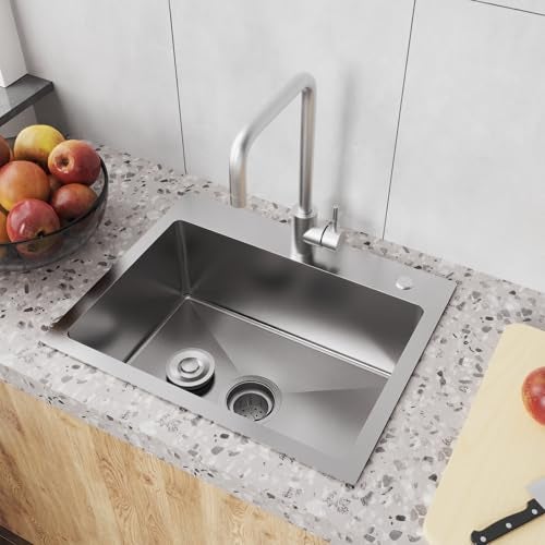 Bathenum 20" x 16" Drop in Kitchen Sink 304 Stainless Steel Single Bowl Topmount Kitchen Sink with Drain Kit and Bottom Grid, Brushed - Image 2