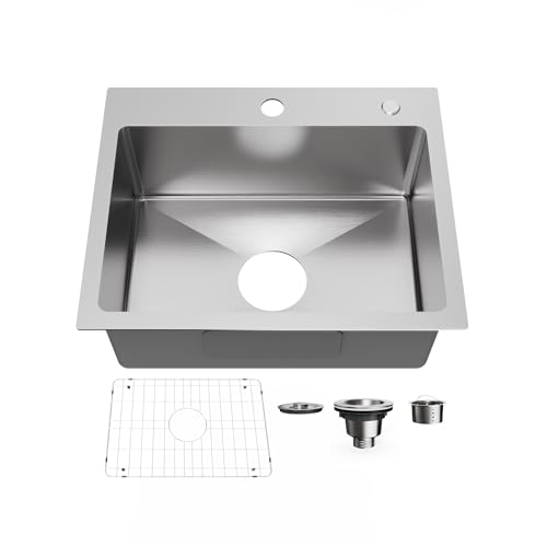 Bathenum 20" x 16" Drop in Kitchen Sink 304 Stainless Steel Single Bowl Topmount Kitchen Sink with Drain Kit and Bottom Grid, Brushed - Image 1