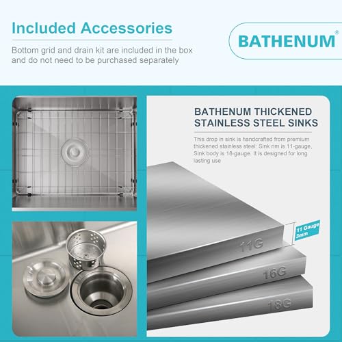 Bathenum 20" x 16" Drop in Kitchen Sink 304 Stainless Steel Single Bowl Topmount Kitchen Sink with Drain Kit and Bottom Grid, Brushed - Image 4