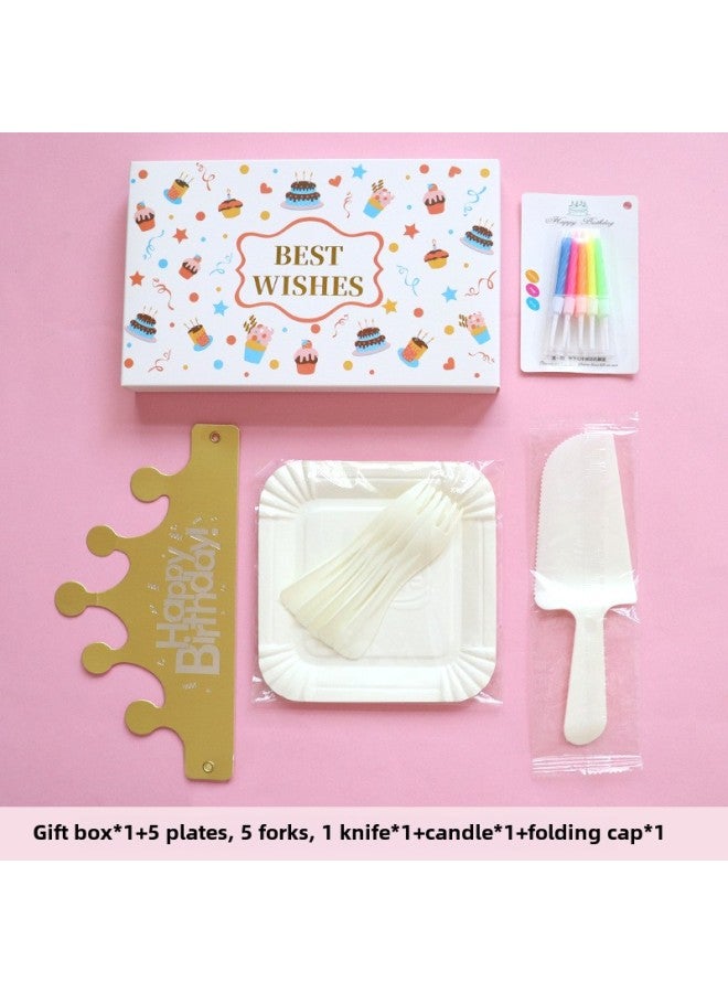 Birthday Dinner Plate Cake Tableware Food Grade Plastic Dinner Plate Disposable Paper Plate Candle Wet Wipes Four-in-one-Color:Classic Five-served Paper Plate With White Fork - Image 1