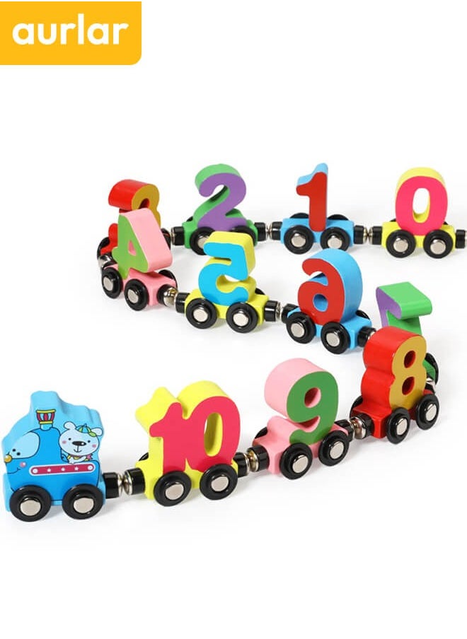 Aurlar 12 PCS Wooden Train Toys, Magnetic Digital Train Car Blocks, Montessori Educational Toys For Young Children To Learn Counting  - Image 1