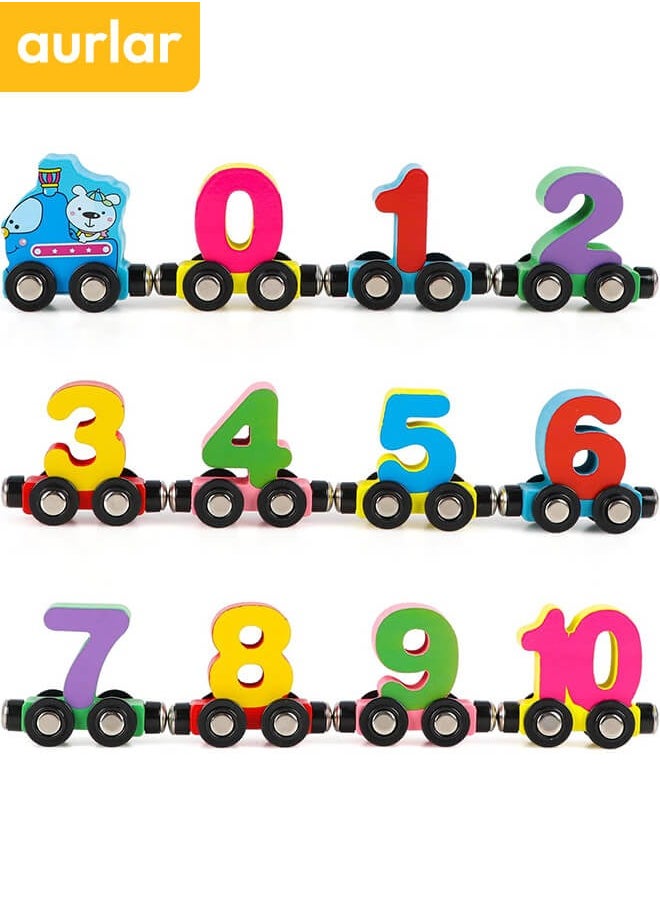 Aurlar 12 PCS Wooden Train Toys, Magnetic Digital Train Car Blocks, Montessori Educational Toys For Young Children To Learn Counting  - Image 5